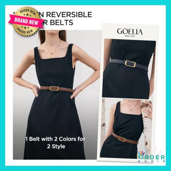 Reversible Genuine Leather Belt Thin Fashion Waist Belt with Gold Buckle main image 5